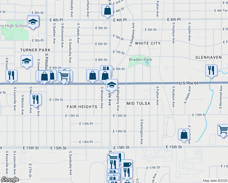 map of restaurants, bars, coffee shops, grocery stores, and more near 1136 South Allegheny Avenue in Tulsa