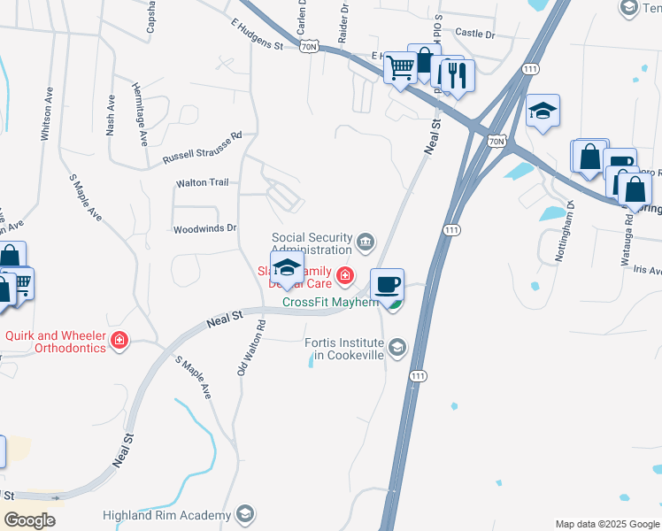 map of restaurants, bars, coffee shops, grocery stores, and more near 1130 Perimeter Park Dr in Cookeville