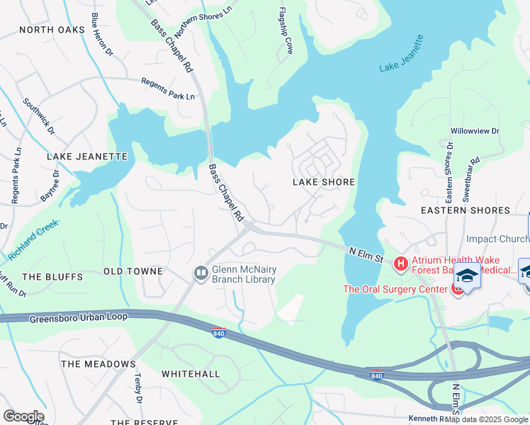 map of restaurants, bars, coffee shops, grocery stores, and more near 3 Rosebay Lane in Greensboro