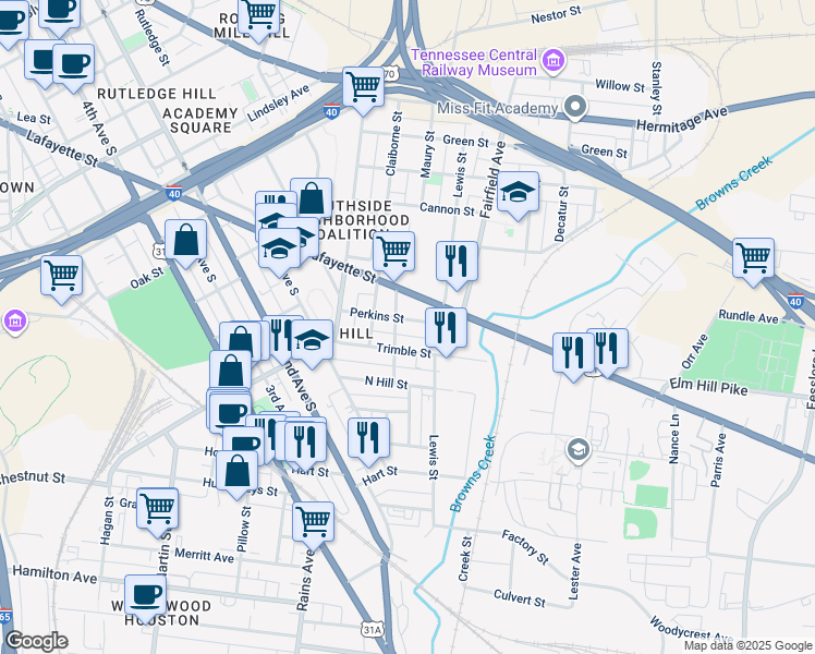 map of restaurants, bars, coffee shops, grocery stores, and more near 35 Perkins Street in Nashville