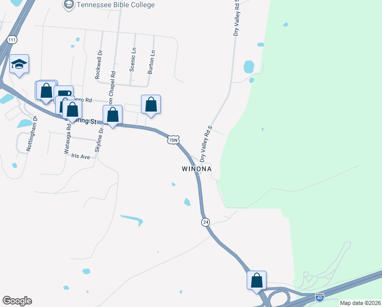 map of restaurants, bars, coffee shops, grocery stores, and more near 1794 East Spring Street in Cookeville