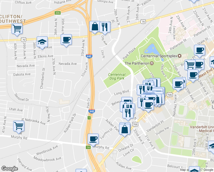 map of restaurants, bars, coffee shops, grocery stores, and more near 3142 Parthenon Avenue in Nashville