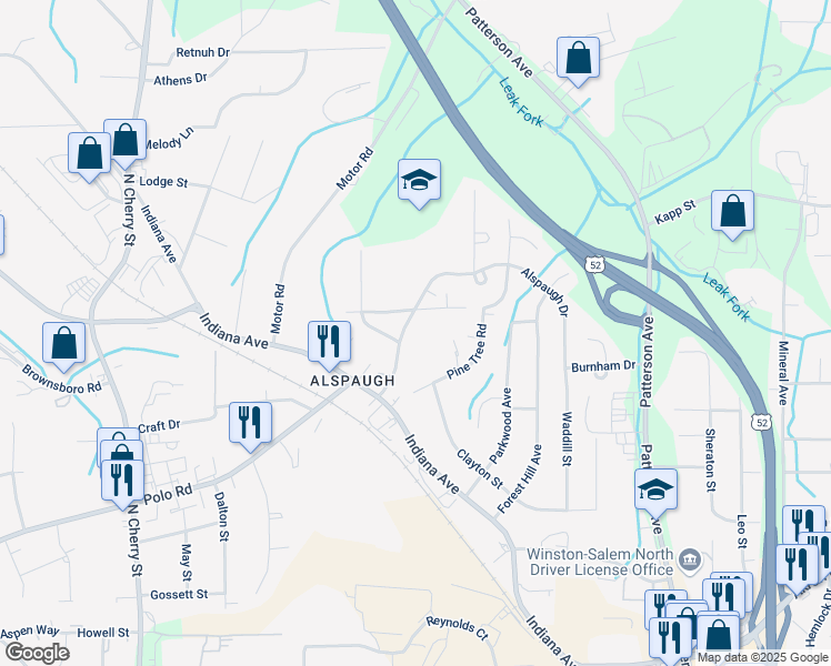 map of restaurants, bars, coffee shops, grocery stores, and more near 211 Alspaugh Drive in Winston-Salem