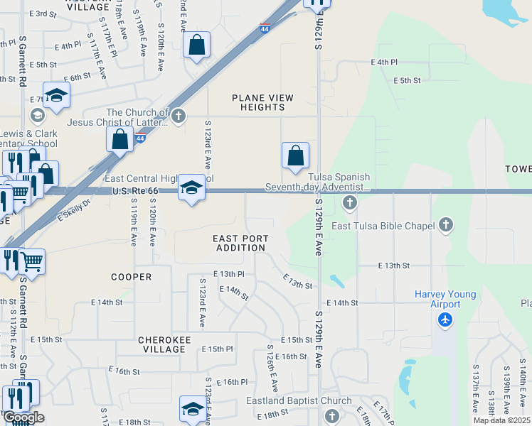 map of restaurants, bars, coffee shops, grocery stores, and more near 12427 East 11th Court in Tulsa