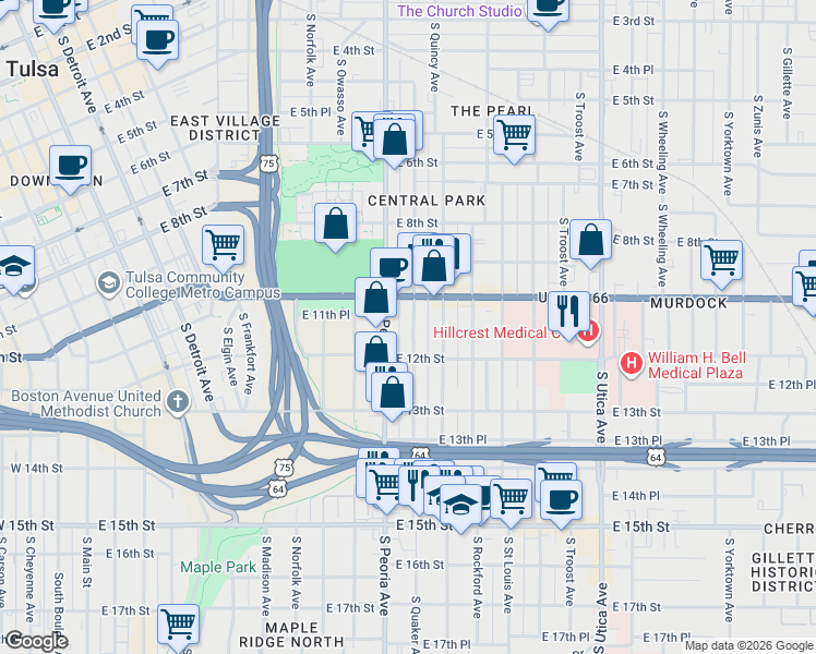 map of restaurants, bars, coffee shops, grocery stores, and more near 1121 South Quaker Avenue in Tulsa