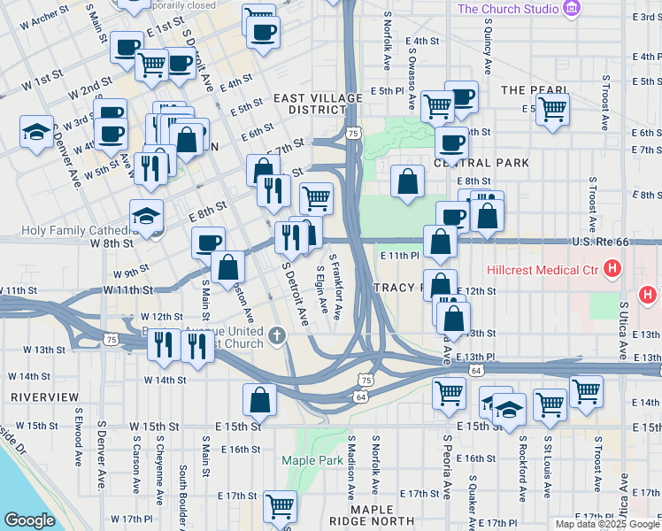 map of restaurants, bars, coffee shops, grocery stores, and more near 1122 South Elgin Avenue in Tulsa