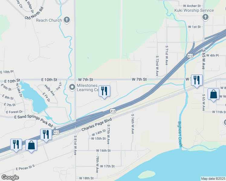 map of restaurants, bars, coffee shops, grocery stores, and more near 7702 West Gable Hills Drive in Sand Springs