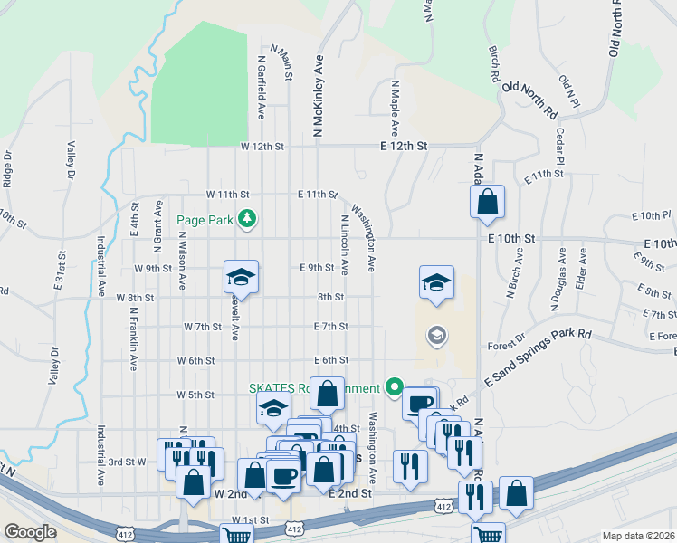 map of restaurants, bars, coffee shops, grocery stores, and more near 814 North Lincoln Avenue in Sand Springs