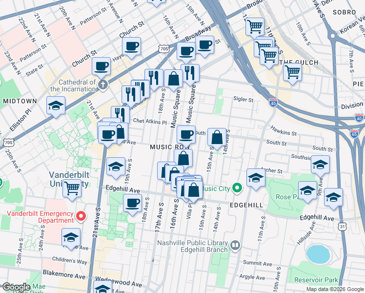 map of restaurants, bars, coffee shops, grocery stores, and more near 62 Music Square West in Nashville
