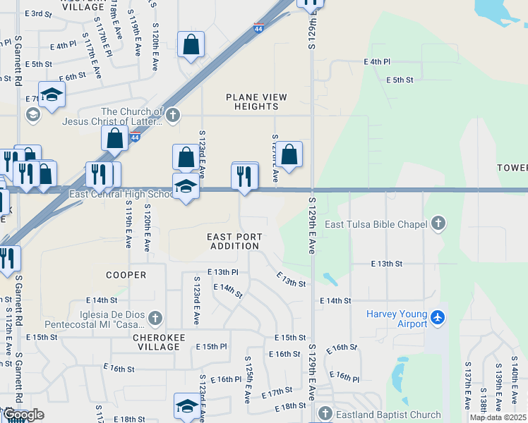 map of restaurants, bars, coffee shops, grocery stores, and more near 12431 East 11th Court in Tulsa