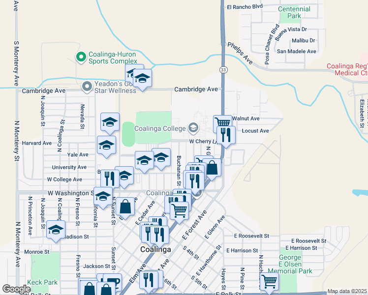 map of restaurants, bars, coffee shops, grocery stores, and more near 284 Buchanan Street in Coalinga
