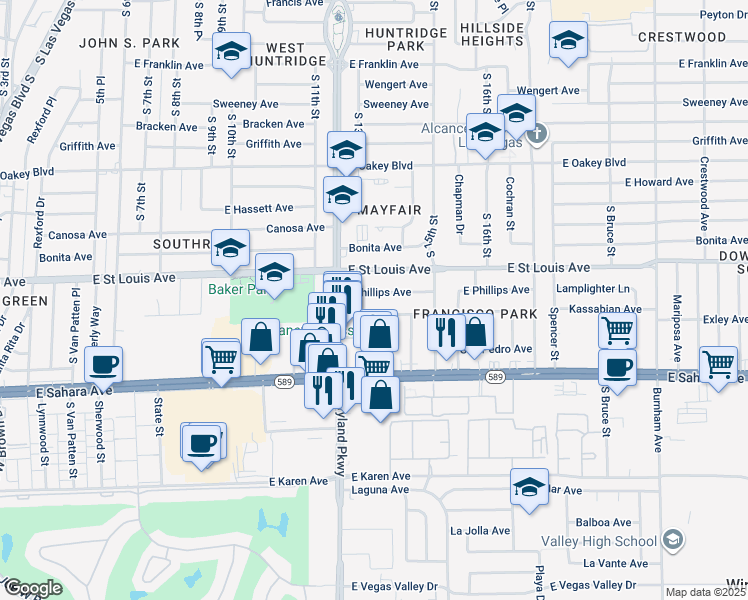 map of restaurants, bars, coffee shops, grocery stores, and more near 1300 East Phillips Avenue in Las Vegas
