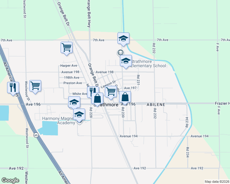 map of restaurants, bars, coffee shops, grocery stores, and more near 22949 Bruce Drive in Strathmore