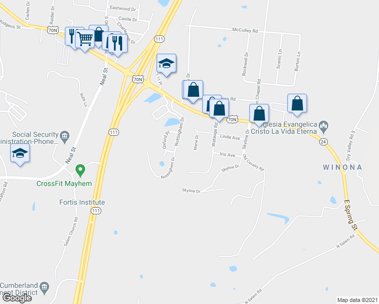 map of restaurants, bars, coffee shops, grocery stores, and more near 943 Marie Drive in Cookeville