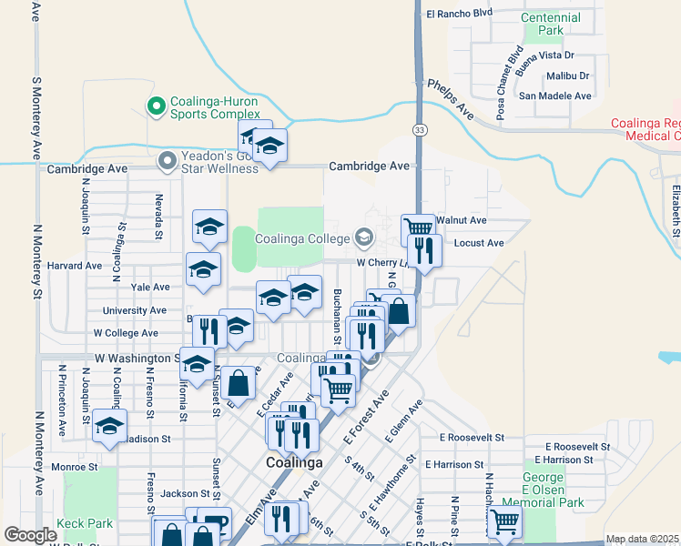 map of restaurants, bars, coffee shops, grocery stores, and more near 284 Buchanan Street in Coalinga