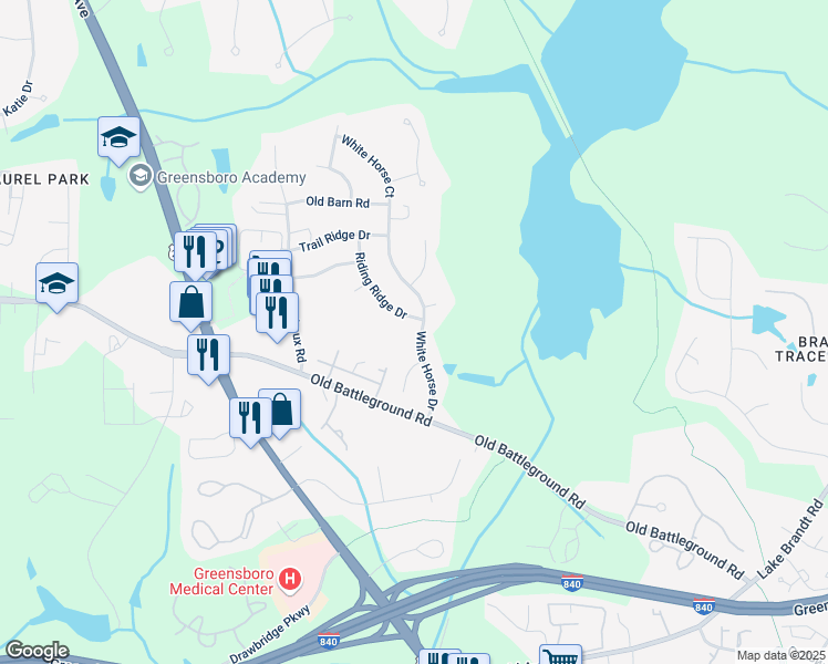 map of restaurants, bars, coffee shops, grocery stores, and more near 4807 White Horse Drive in Greensboro