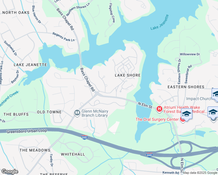 map of restaurants, bars, coffee shops, grocery stores, and more near 6 Rosebay Lane in Greensboro