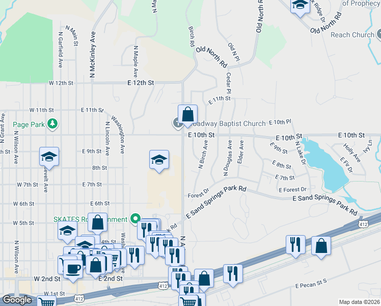 map of restaurants, bars, coffee shops, grocery stores, and more near 808 North Ash Avenue in Sand Springs