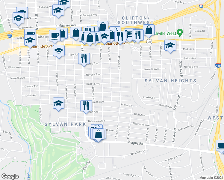 map of restaurants, bars, coffee shops, grocery stores, and more near 4210 Idaho Avenue in Nashville