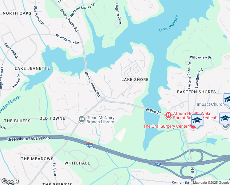 map of restaurants, bars, coffee shops, grocery stores, and more near 6 Rosebay Lane in Greensboro