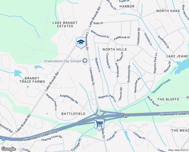 map of restaurants, bars, coffee shops, grocery stores, and more near 5206 Lawndale Drive in Greensboro