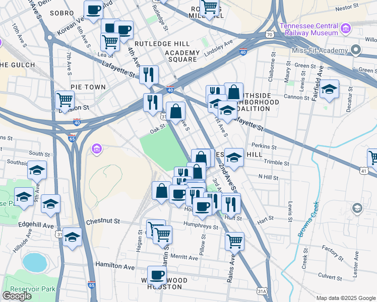 map of restaurants, bars, coffee shops, grocery stores, and more near 1048 4th Avenue South in Nashville
