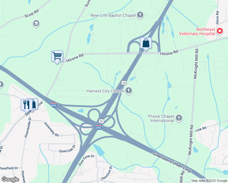 map of restaurants, bars, coffee shops, grocery stores, and more near 5010 Langside Road in Greensboro
