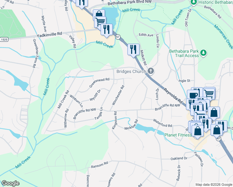map of restaurants, bars, coffee shops, grocery stores, and more near 4100 Winchester Road in Winston-Salem