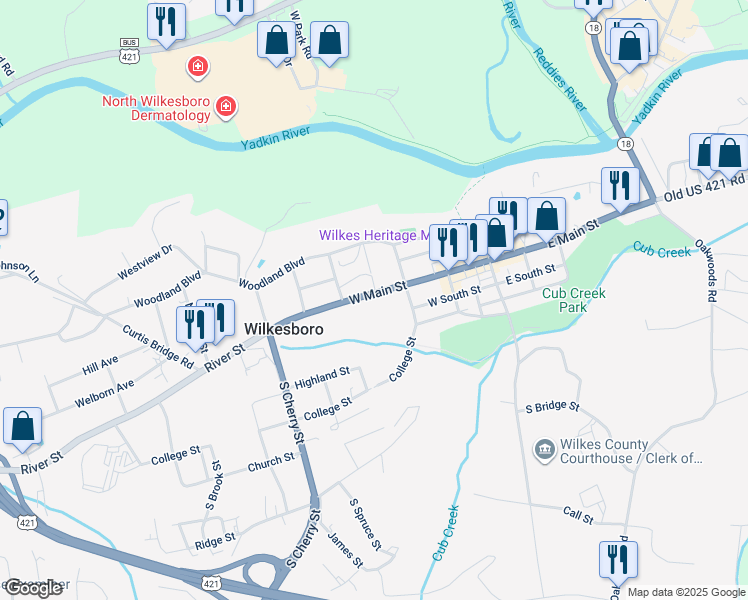 map of restaurants, bars, coffee shops, grocery stores, and more near 301 W Main St in Wilkesboro