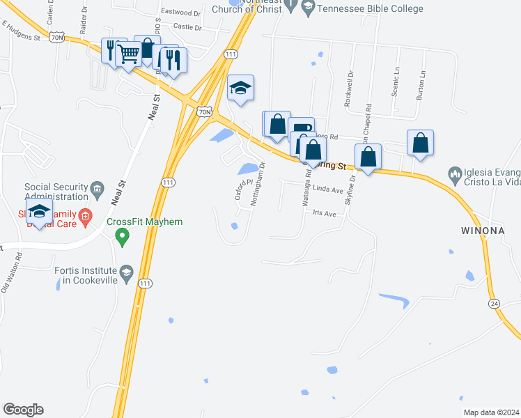 map of restaurants, bars, coffee shops, grocery stores, and more near 942 Nottingham Drive in Cookeville