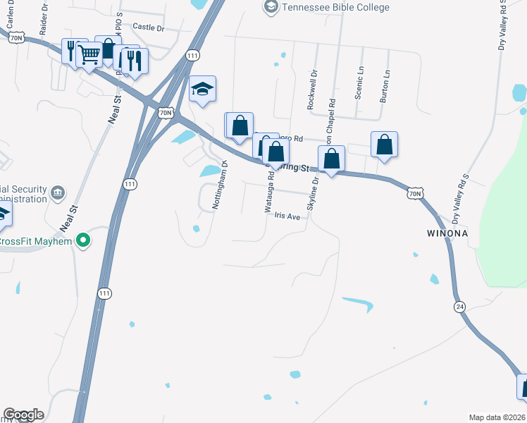 map of restaurants, bars, coffee shops, grocery stores, and more near 934 Marie Drive in Cookeville