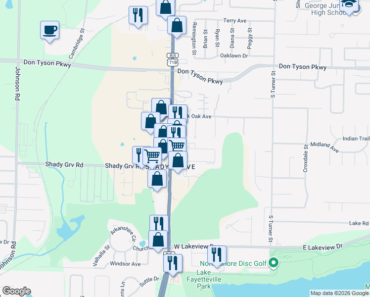 map of restaurants, bars, coffee shops, grocery stores, and more near 455 Fairway Circle in Springdale