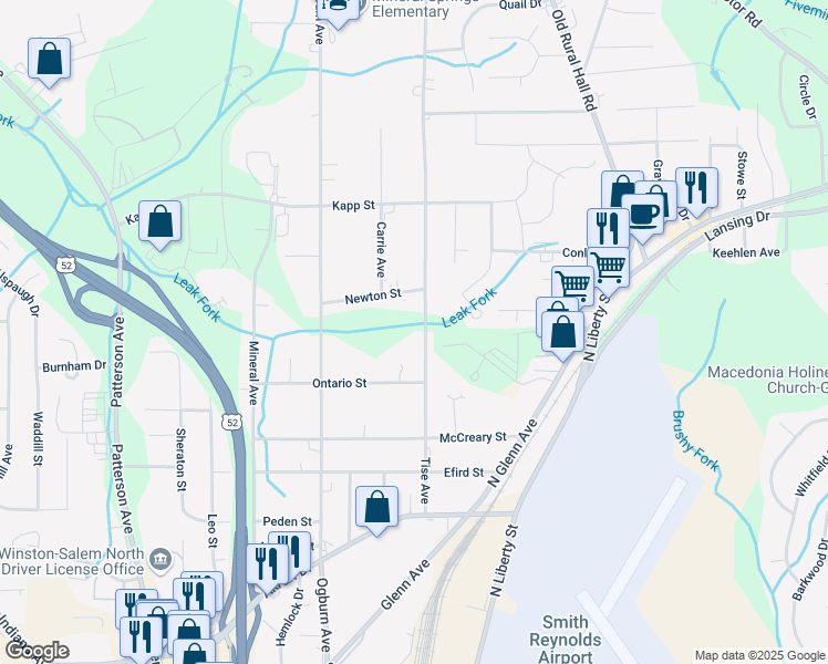 map of restaurants, bars, coffee shops, grocery stores, and more near 4243 Tise Avenue in Winston-Salem