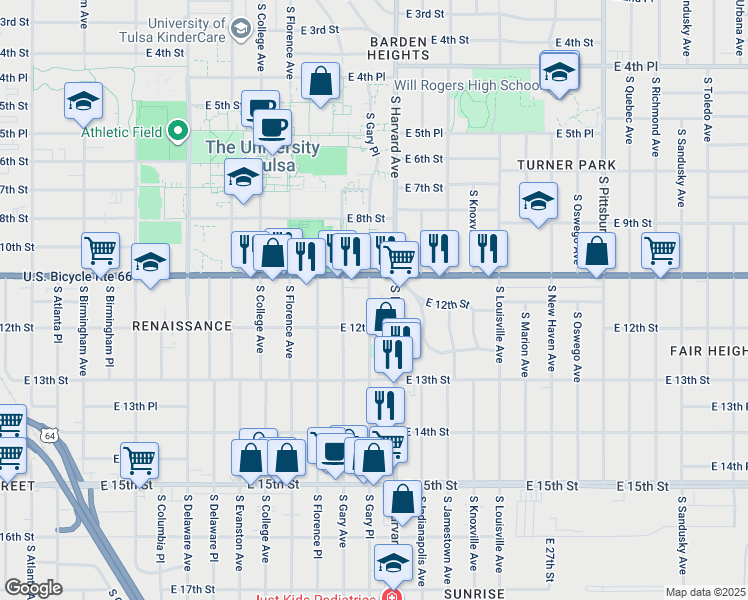 map of restaurants, bars, coffee shops, grocery stores, and more near 1123 South Gary Place in Tulsa