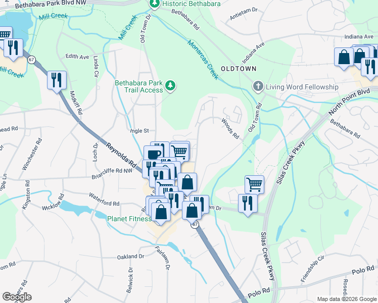 map of restaurants, bars, coffee shops, grocery stores, and more near 1510 Woods Road in Winston-Salem