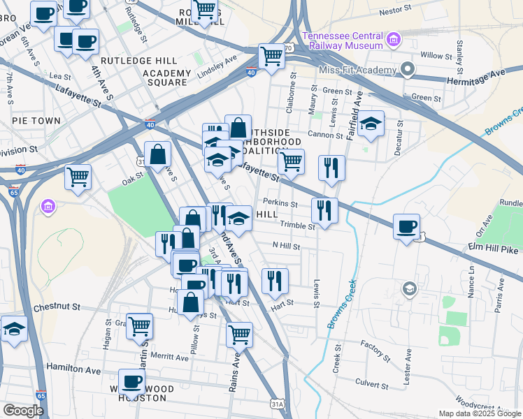 map of restaurants, bars, coffee shops, grocery stores, and more near 29 Wharf Avenue in Nashville