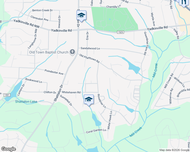 map of restaurants, bars, coffee shops, grocery stores, and more near 4315 Rosebriar Lane in Winston-Salem