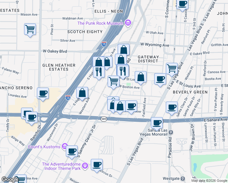 map of restaurants, bars, coffee shops, grocery stores, and more near 2129 South Sammy Davis Junior Drive in Las Vegas