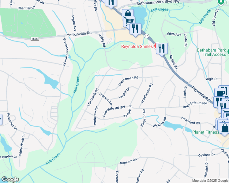 map of restaurants, bars, coffee shops, grocery stores, and more near 4176 Greenmead Road in Winston-Salem