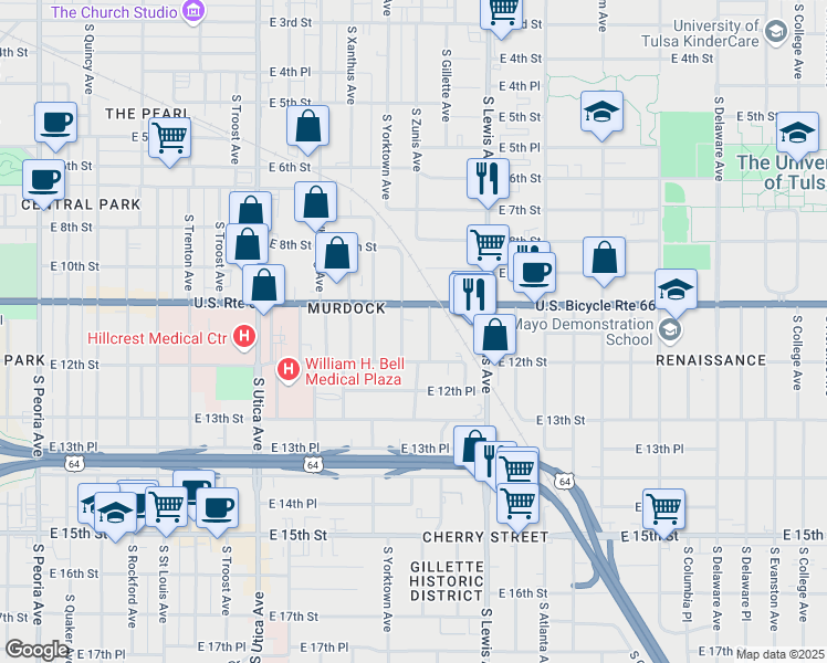 map of restaurants, bars, coffee shops, grocery stores, and more near 1123 South Yorktown Avenue in Tulsa