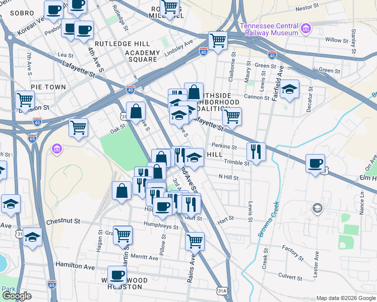 map of restaurants, bars, coffee shops, grocery stores, and more near 1109 1st Avenue South in Nashville