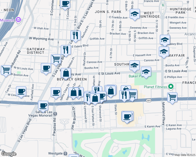 map of restaurants, bars, coffee shops, grocery stores, and more near 2018 South Beverly Way in Las Vegas