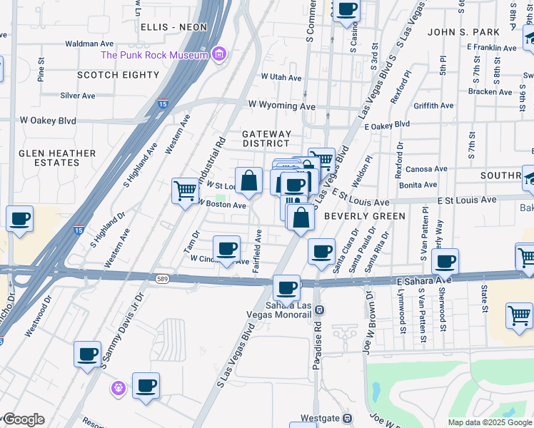 map of restaurants, bars, coffee shops, grocery stores, and more near 2111 Fairfield Avenue in Las Vegas