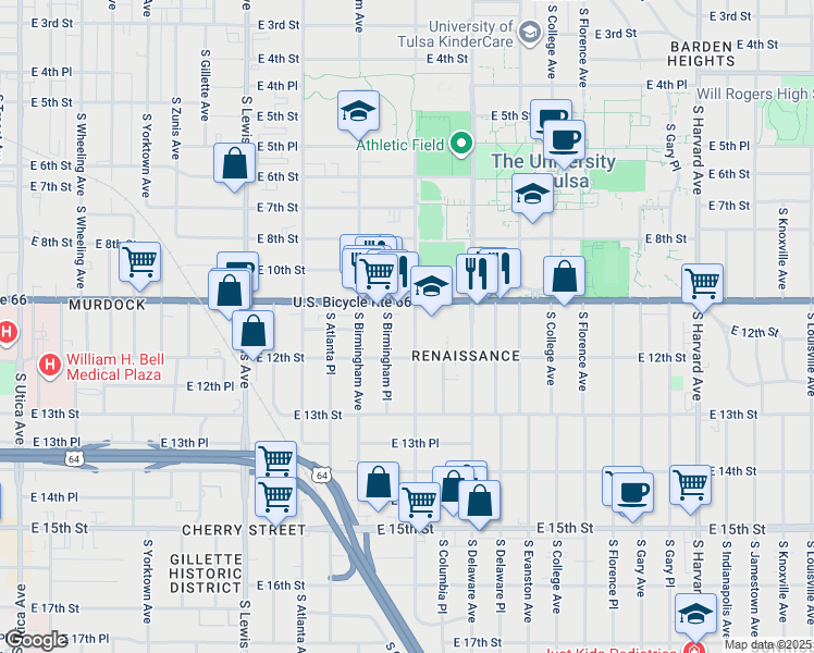 map of restaurants, bars, coffee shops, grocery stores, and more near 1124 South Columbia Avenue in Tulsa