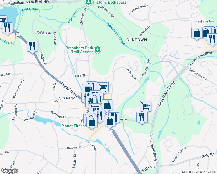 map of restaurants, bars, coffee shops, grocery stores, and more near 133 Columbine Drive in Winston-Salem