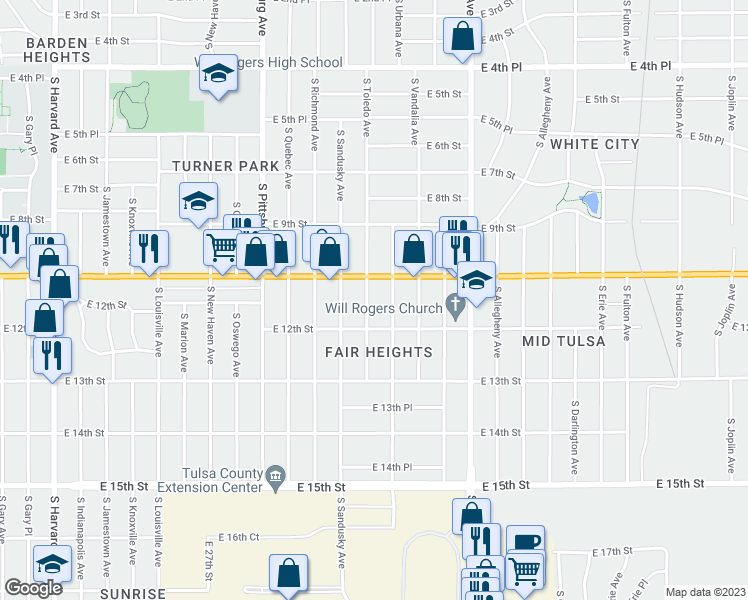 map of restaurants, bars, coffee shops, grocery stores, and more near 1123 South Toledo Avenue East in Tulsa