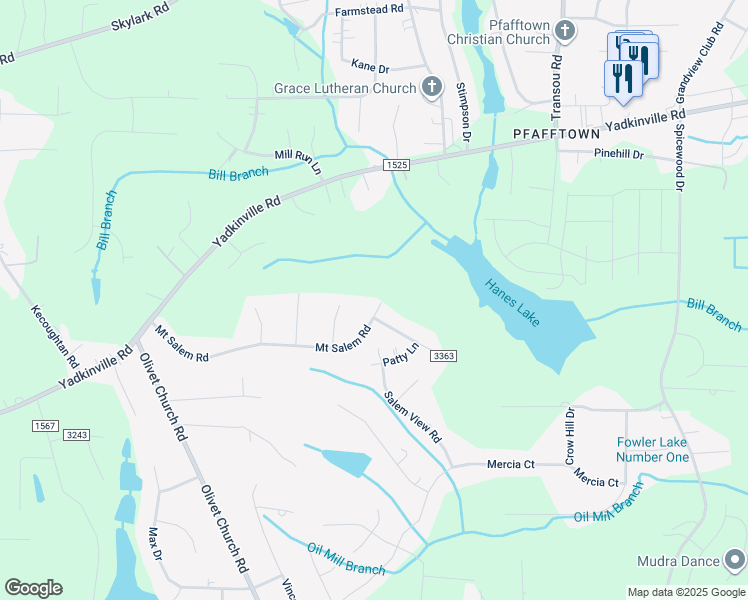 map of restaurants, bars, coffee shops, grocery stores, and more near 2475 Mount Salem Road in Forsyth County