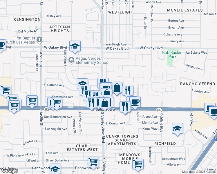 map of restaurants, bars, coffee shops, grocery stores, and more near 2300 South Valley View Boulevard in Las Vegas