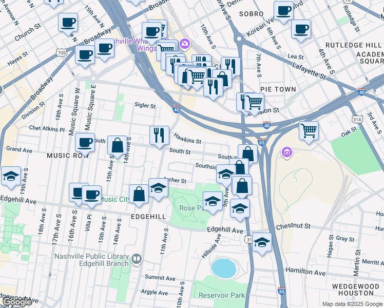 map of restaurants, bars, coffee shops, grocery stores, and more near 1019B South Street in Nashville