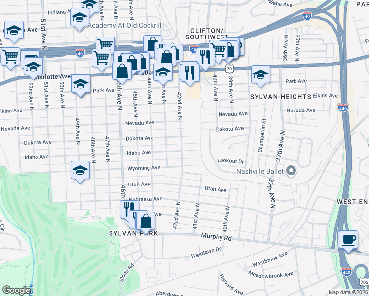 map of restaurants, bars, coffee shops, grocery stores, and more near 4114 Idaho Avenue in Nashville